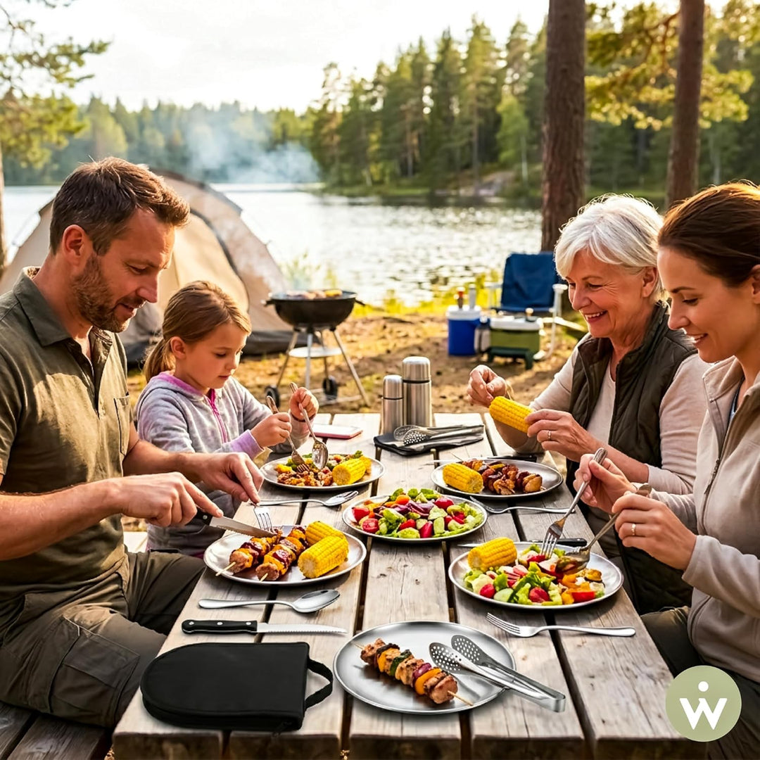 [23-teilig für 4 Personen] Camping Besteckset. Edelstahl-Gabeln, Messer und Löffel. Inklusive tragba