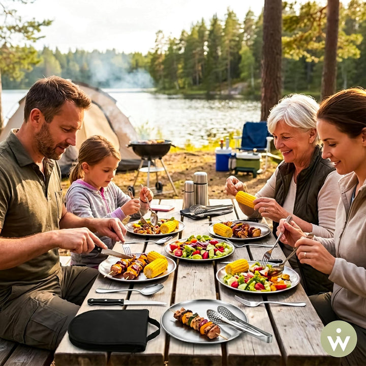[23-teilig für 4 Personen] Camping Besteckset. Edelstahl-Gabeln, Messer und Löffel. Inklusive tragba
