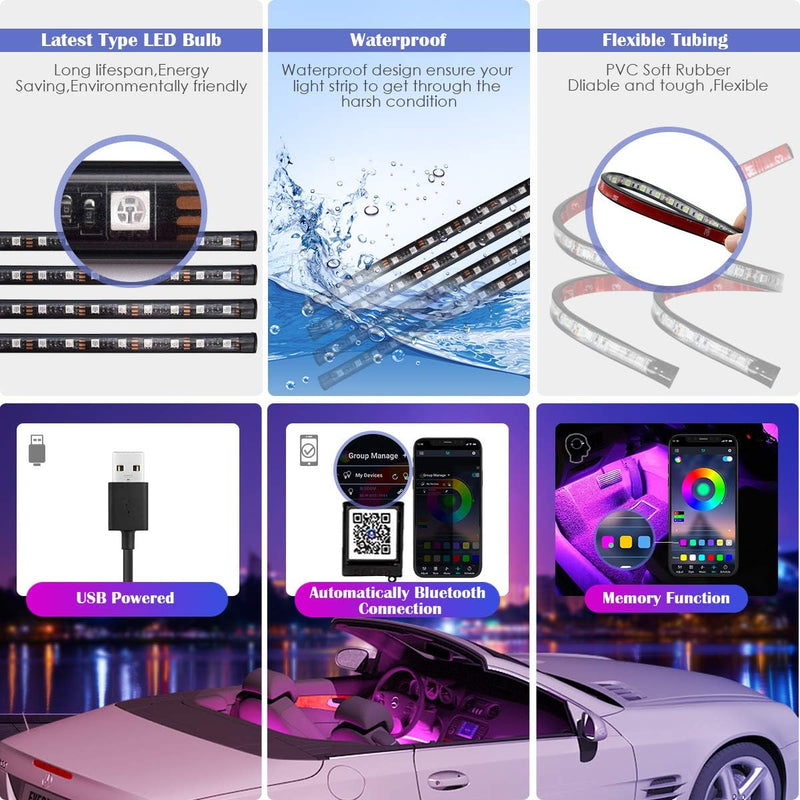 LED Innenbeleuchtung Auto,4pcs 48LED Atmosphäre Licht Auto RGB Strips wasserdichte Innenraumbeleucht