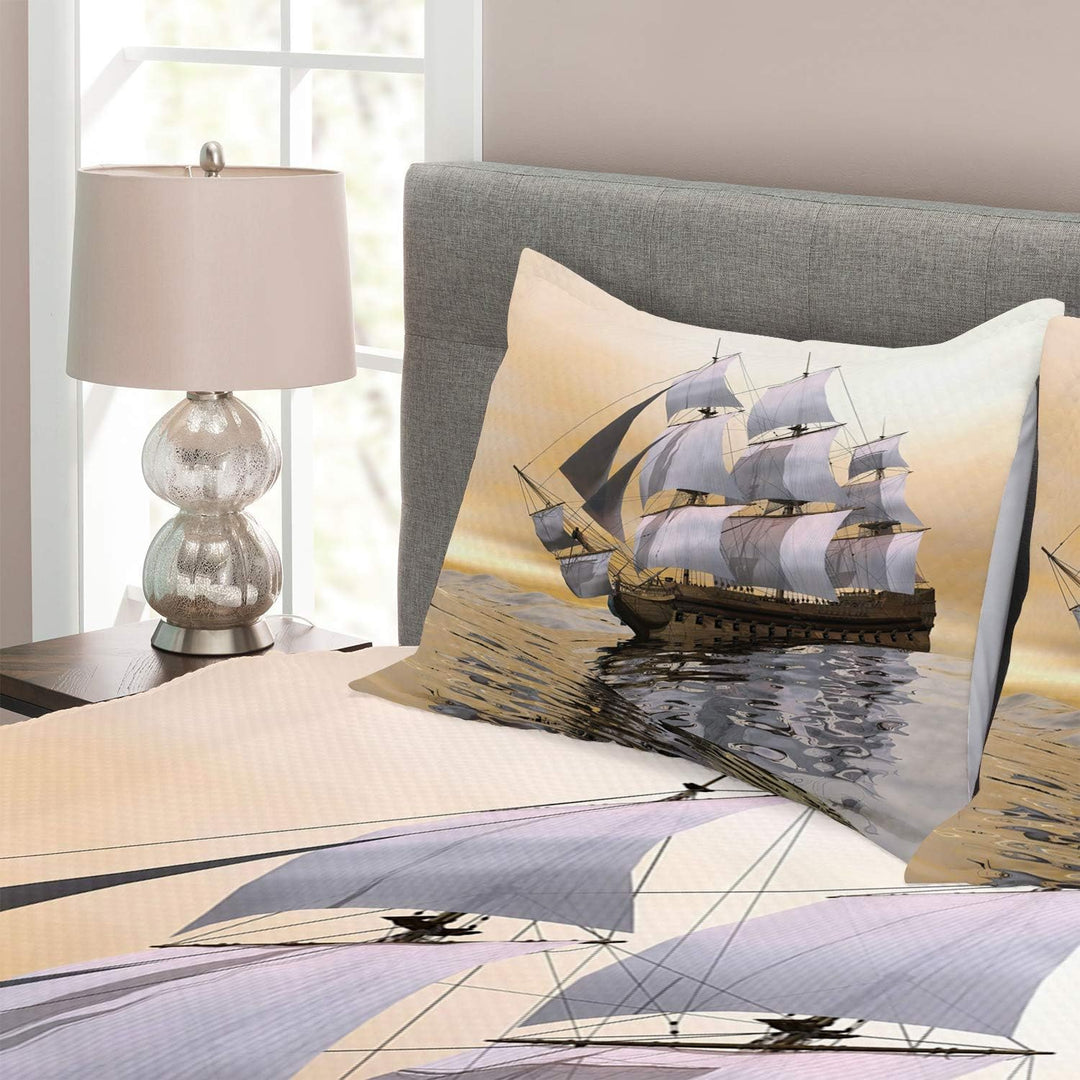 ABAKUHAUS maritim Tagesdecke Set, Schiff Segeln auf Ozean, Set mit Kissenbezügen Moderne Designs, fü