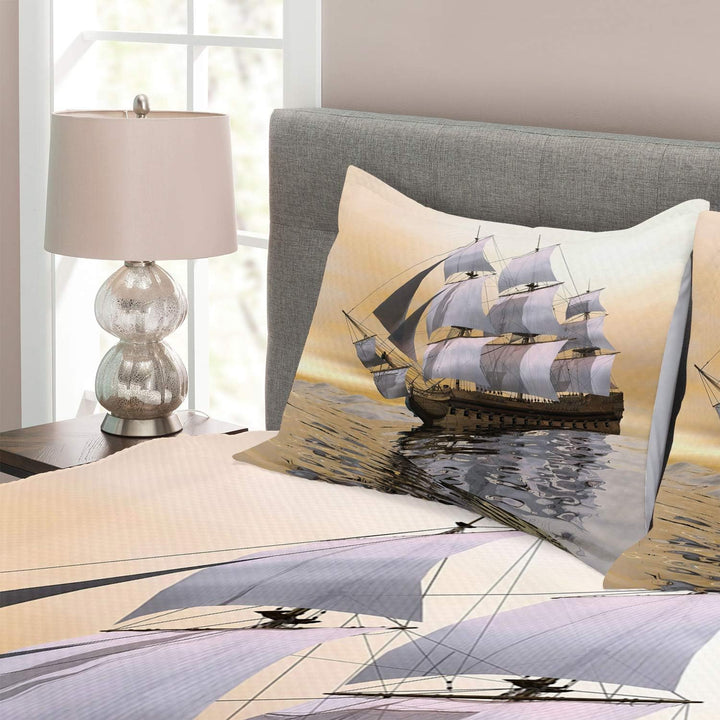 ABAKUHAUS maritim Tagesdecke Set, Schiff Segeln auf Ozean, Set mit Kissenbezügen Moderne Designs, fü