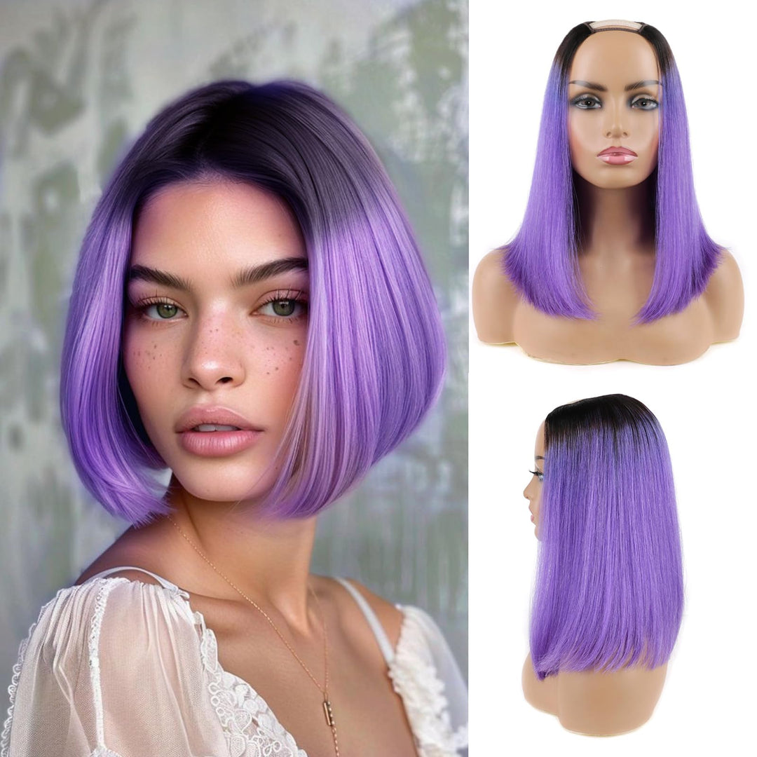 Huarisi Schwarze zu lila Bob Perücken u Teil Echthaar Menschliches Haar 10 Zoll 8a Short Wigs Straig