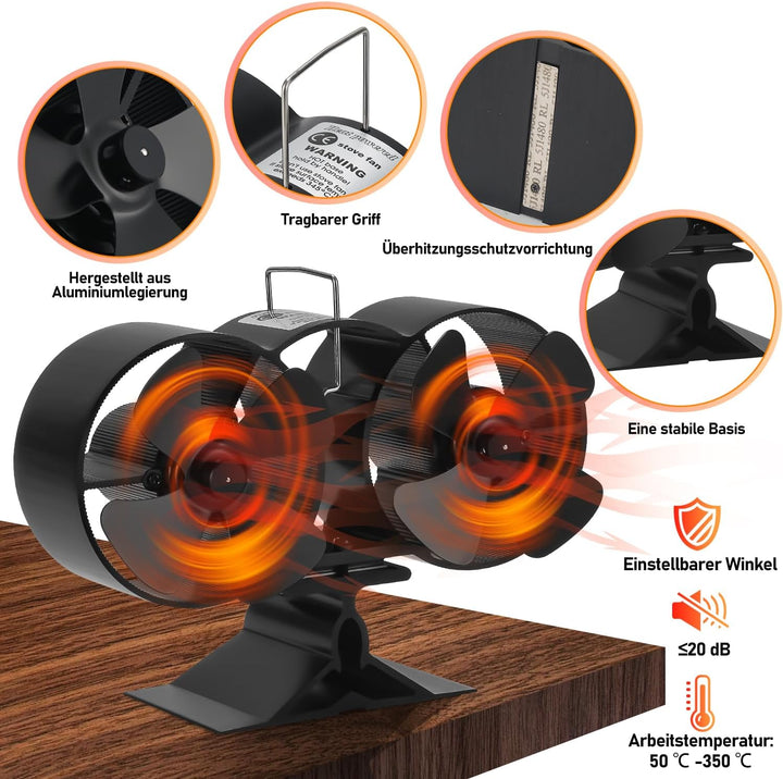 Sonnewelt Dopple Kaminventilator, Ofenventilator ohne strom mit 8 Blättern, Ventilator für Kaminofen