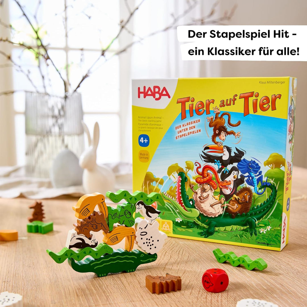 HABA Tier auf Tier – Stapelspiel aus Holz mit 29 Tieren, Balance- und Motorikspielzeug für Kinder ab