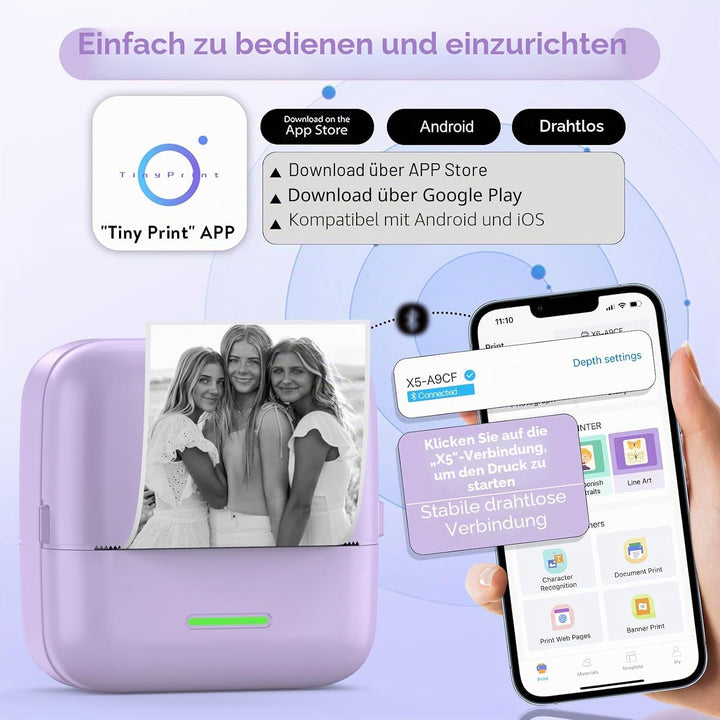 Mini Drucker, Taschendrucker, Mini Fotodrucker für Smartphone, Sticker Drucker, Thermo Fotodrucker f
