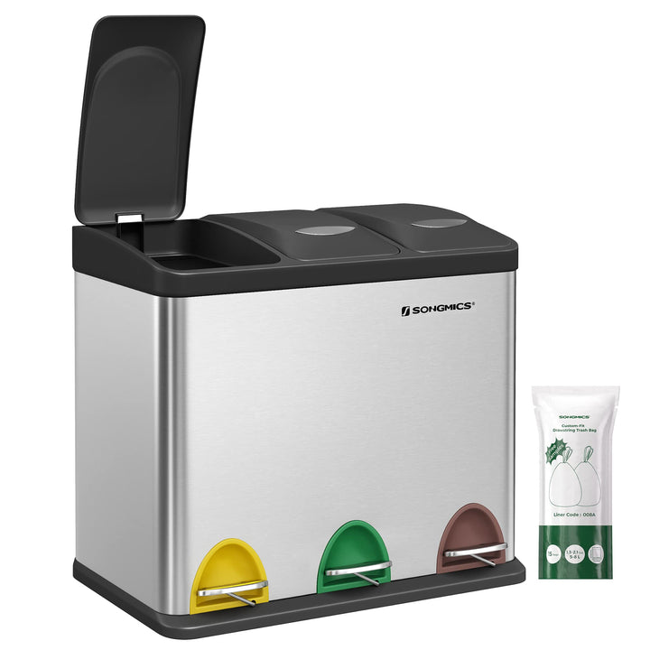 SONGMICS Mülleimer für die Küche, 3 x 8 L, Abfalleimer aus Metall, 3-in-1 Treteimer, Mülltrennung, M