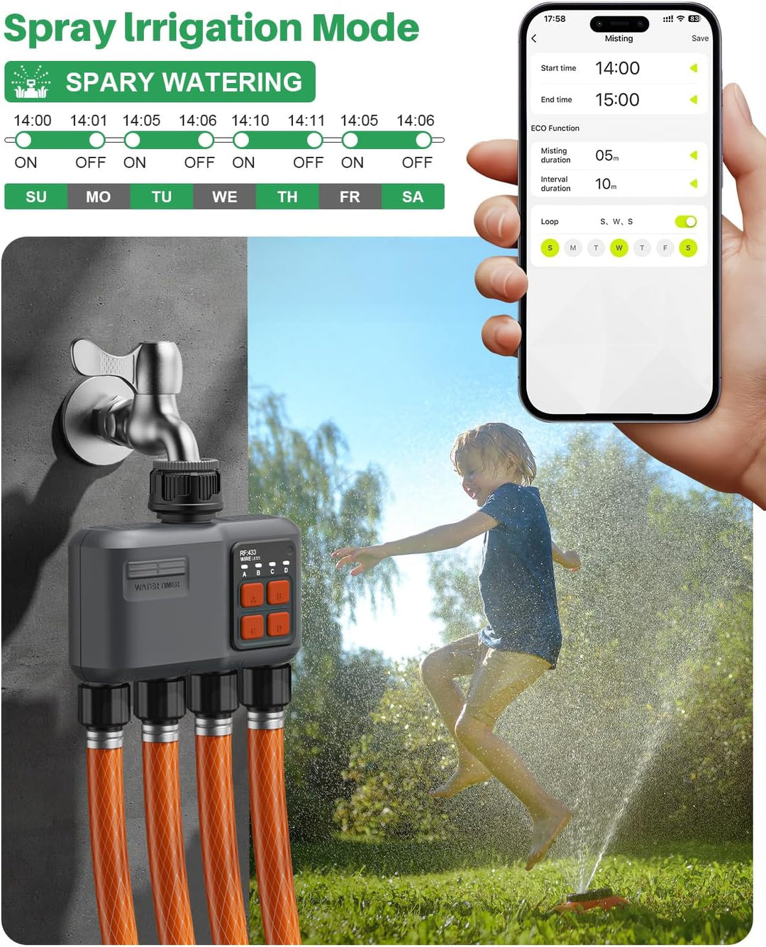 Bewässerungscomputer WLAN 4 Ausgänge mit 300M RF-Technologie, Bewässerungsuhr für Gartenbewässerung