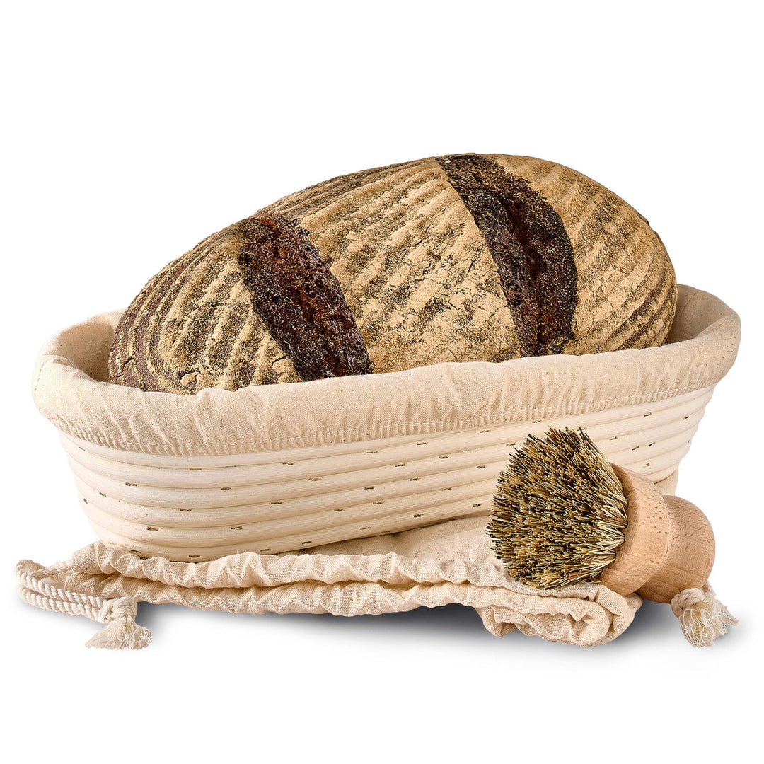 Gärkorb zum Brotbacken - Aus nachhaltigem Rattan - Oval - 35 cm - Set inkl. Bürste, Leineneinlage &