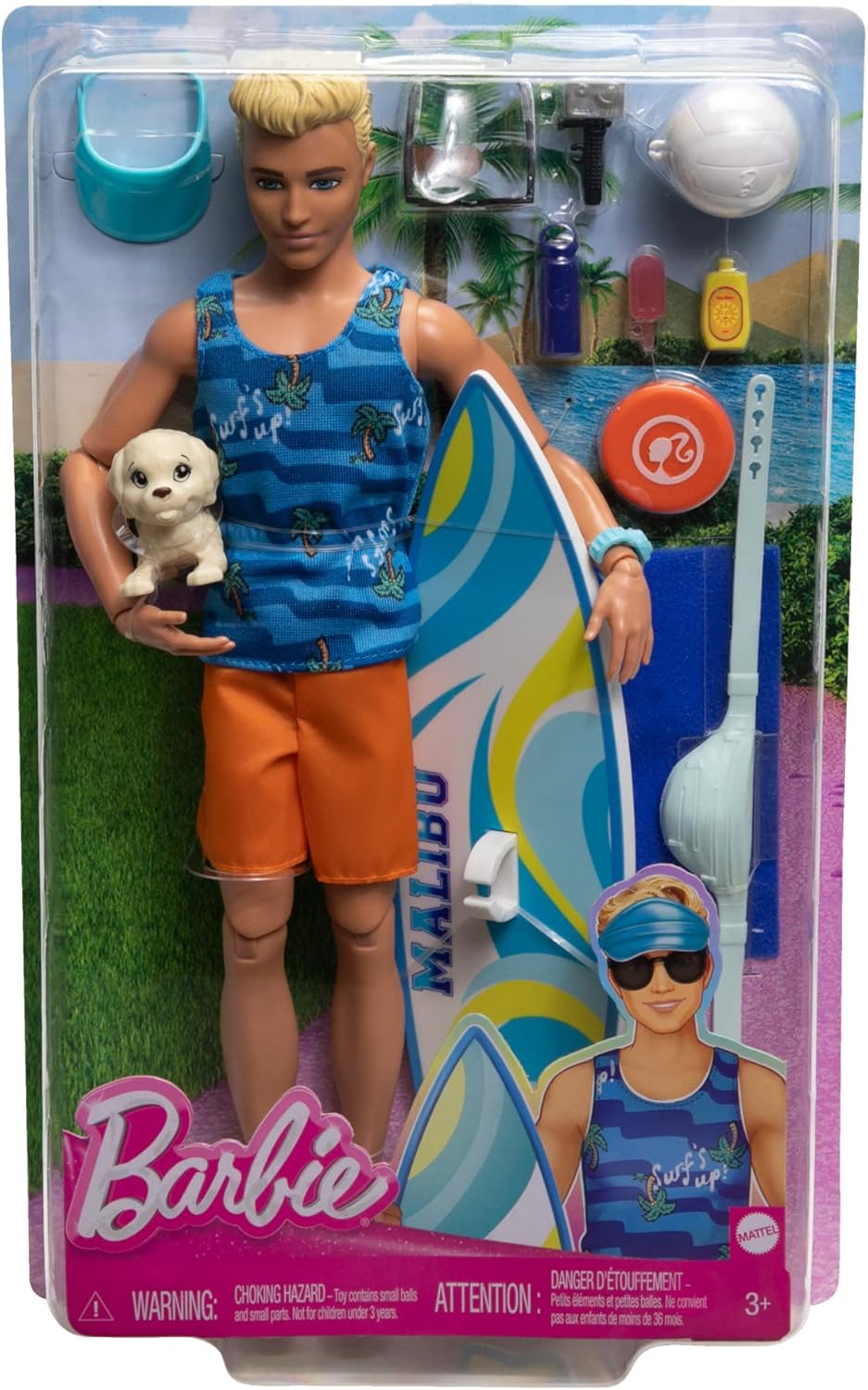 Barbie Ken Surfer Set - Bewegliche Blonde Ken-Puppe mit Surfbrett, Hündchen und Strand-Accessoires f