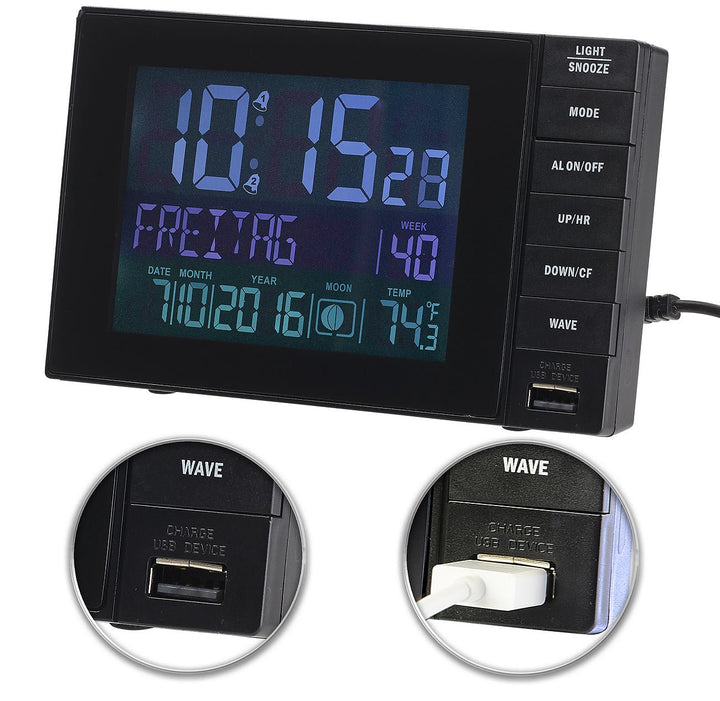 infactory Wecker mit Netzteil: Funkwecker mit Temperatur-Anzeige, USB-Ladestation (2 A), 2 Weckzeite