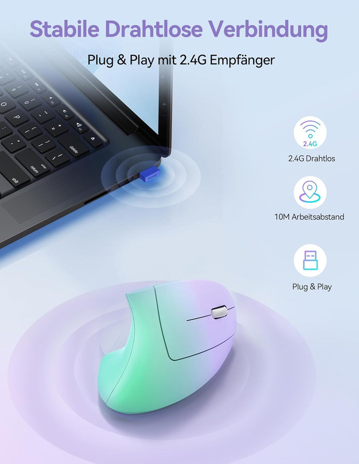 TECKNET Wiederaufladbar Ergonomische Maus Kabellos, 2.4G Optische Vertikale Maus Ergonomisch, 5 Eins