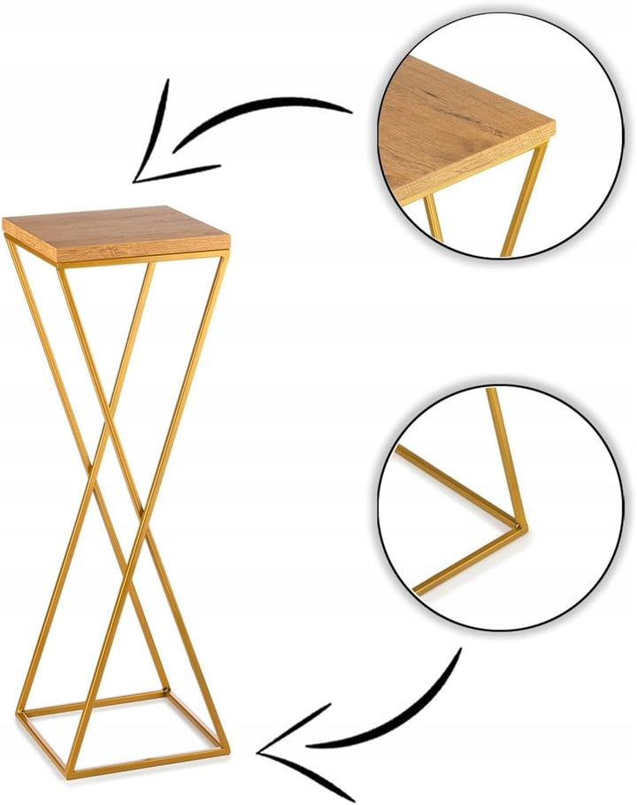 Pflanzenständer Metall 70 cm Hoch - Stabiler und Fester Blumenhocker mit Eiche Optik MDF-Platte auf