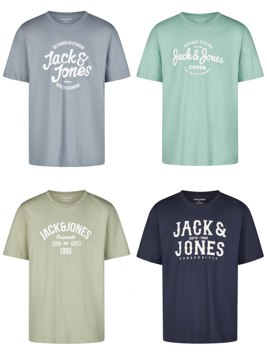 JACK & JONES JJLINO T-Shirt 4er Pack Rundhals Kurzarm Shirt Regular Fit Print Sommer 100% Baumwolle