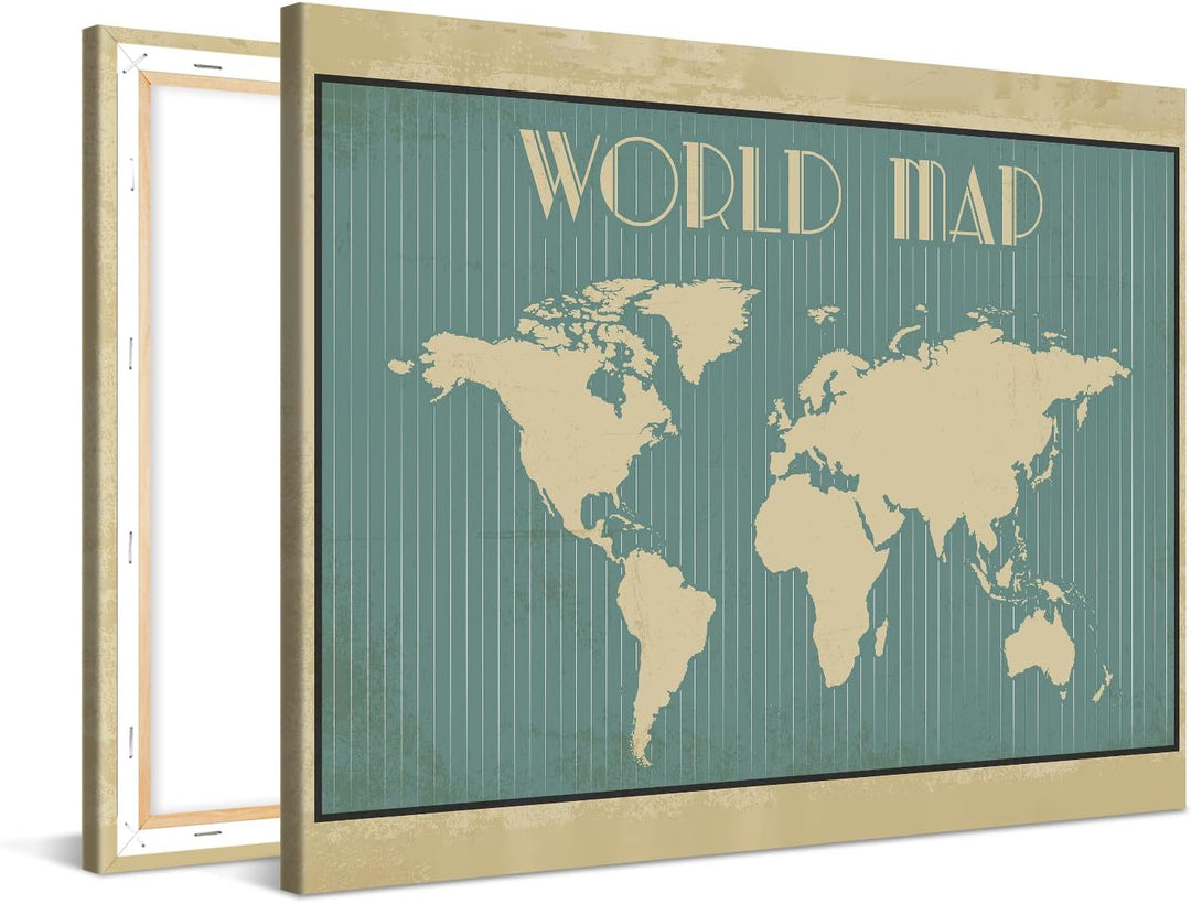 PICANOVA Weltkarte Art Deco 90x60cm - Premium-Leinwand-Kunstdruck - Leinwand-Druck-Wand-Kunst-Dekor-