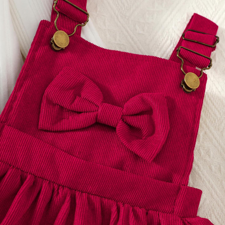 Kleinkind Baby Mädchen Kleidung Langarm Strick Rippenoberteile Schleife Cord Hosenträgerrock Kleid O