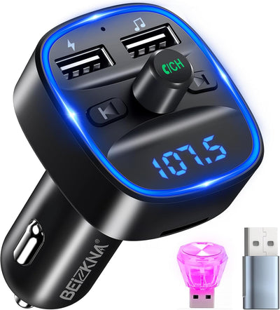 Bluetooth 5.3 FM Transmitter, KFZ Bluetooth Adapter Auto Radio, 2 USB Autoladegerät LED Display Auto
