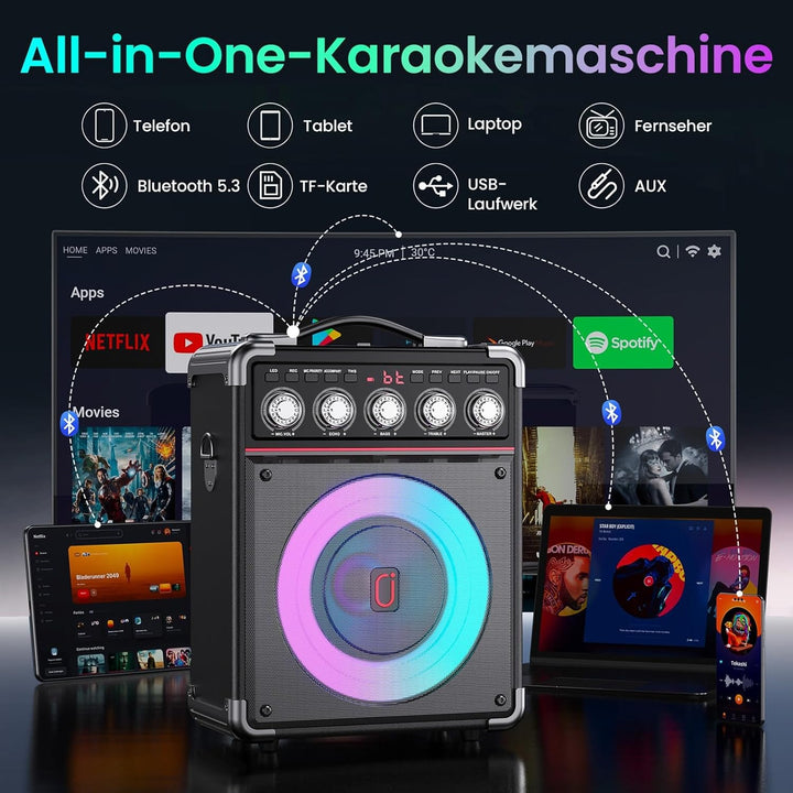 JYX Karaoke Maschine mit 2 drahtlosen Mikrofones, Tragbaren Karaoke Anlage Lautsprecher mit RGB-Lich