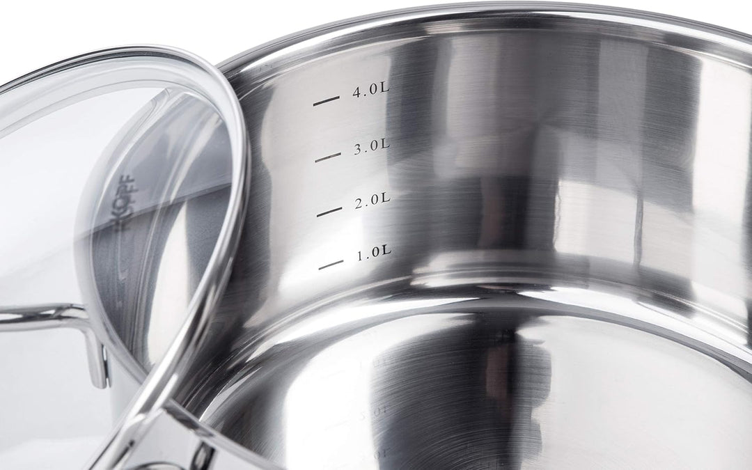 Kopf Topfset Merkur aus Edelstahl - Induktionstöpfe mit Schüttrand, Literskala und Glasdeckel – 6-te