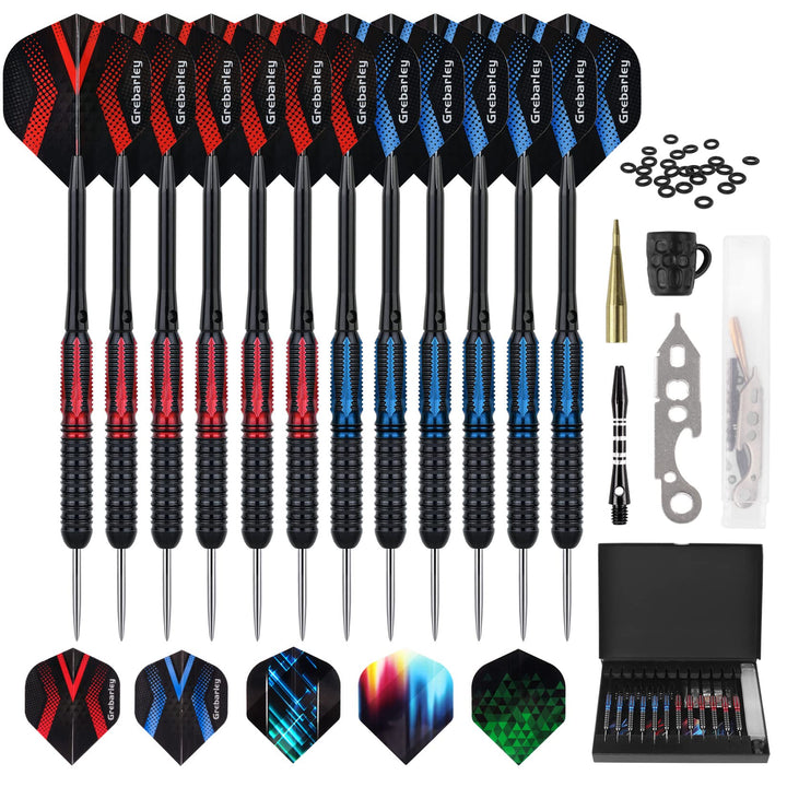 Grebarley Dartpfeile mit Metallspitze,12 Stück Profi Steeldarts 18 Aluminium Schaft mit 9 Flights 20