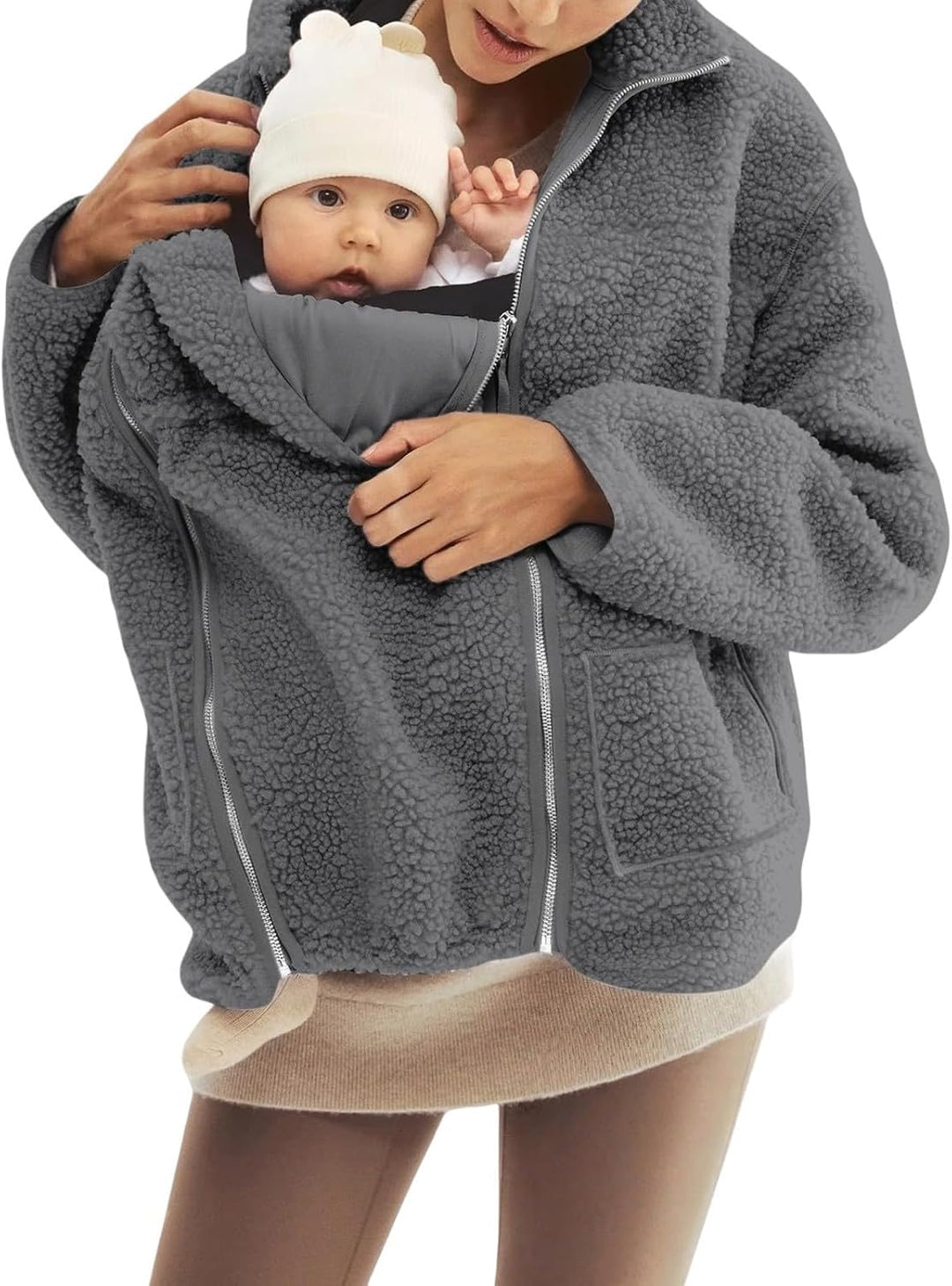 SYDUZAX Umstandsjacke mit Babyeinsatz Warm Teddy Fleecejacke Umstands Baumwolljacke Winter Umstandsm