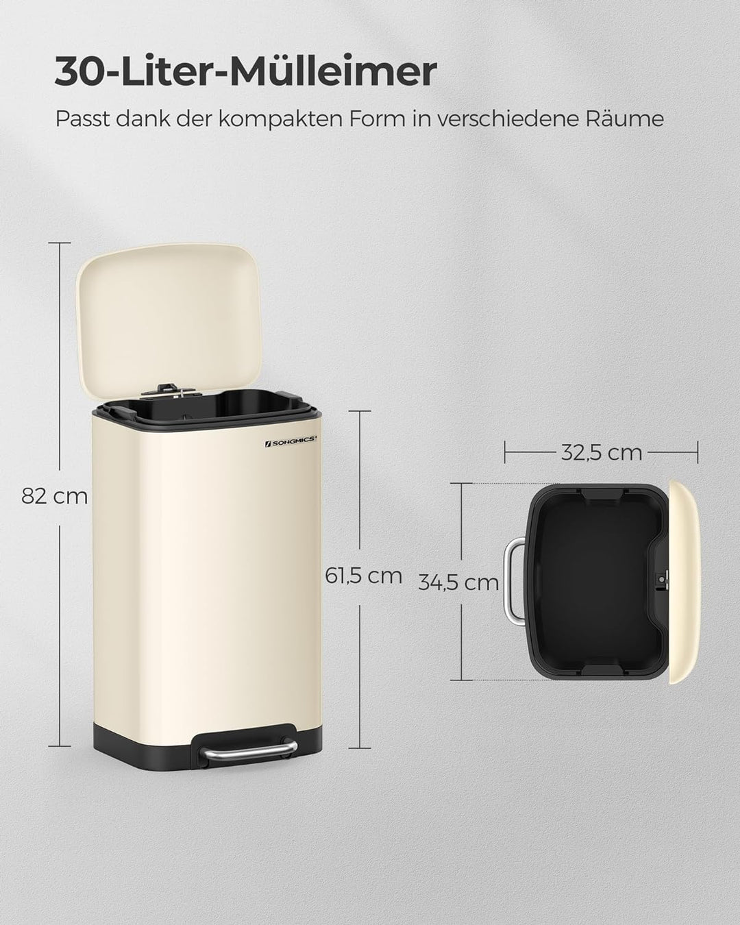 SONGMICS Mülleimer, 30 Liter Abfalleimer, Treteimer aus Stahl, mit Inneneimer und Deckel, Softclose,