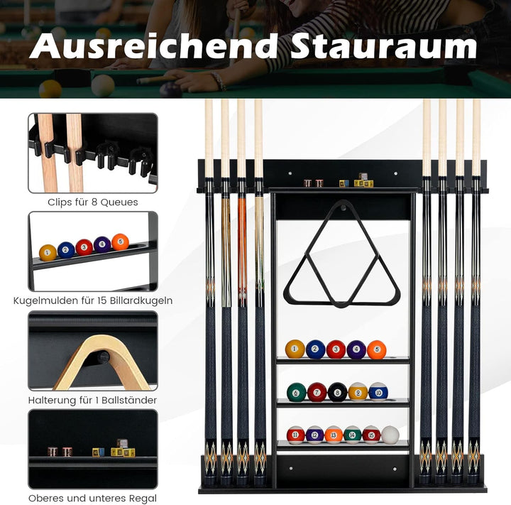 COSTWAY Billard Queue Halter Wandmontage, Wandqueuehalter für 8 Queues, 15 Billardkugeln und 1 Balls