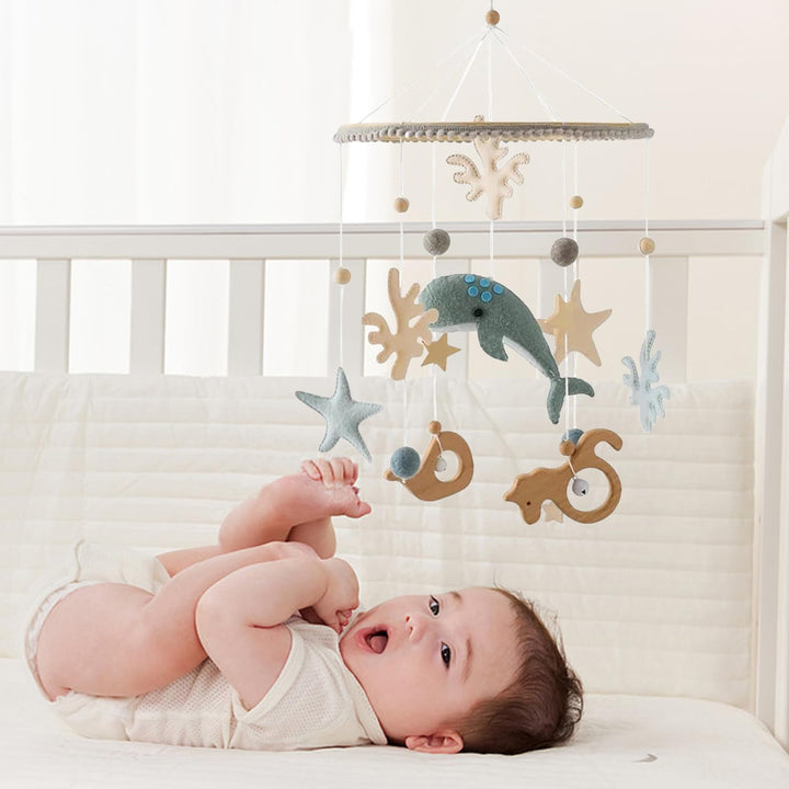 Herfair Meer Welt Mobile Baby Windspiele, 3D Delphine Mobile Baby Holz mit Filzbällen, Mobile Baby M