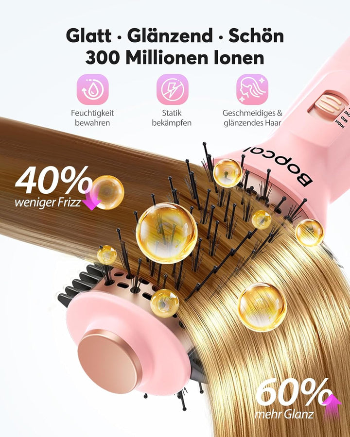 Bopcal Mini Warmluftbürste 4-in-1 Ionen Föhnbürste Heissluftbürste für Volumen &amp; Glatte Haare, Anti-