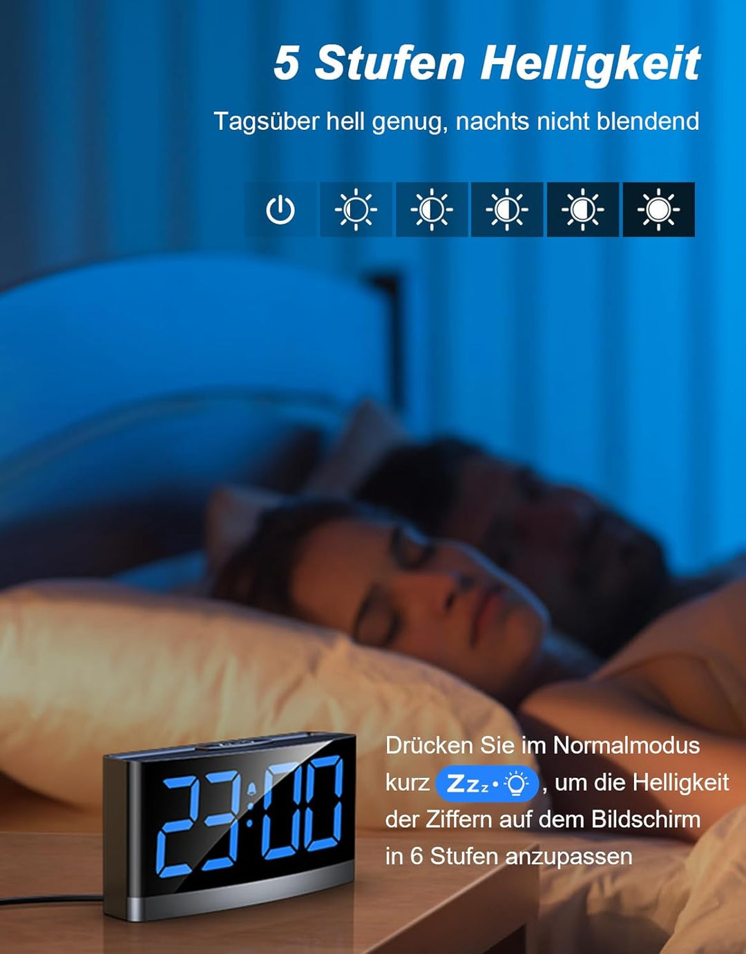 Rolgno Wecker Digital, Nachttisch Uhr mit Auffallenden Blauen LED-Ziffern, Alarm Clock für Tiefschlä