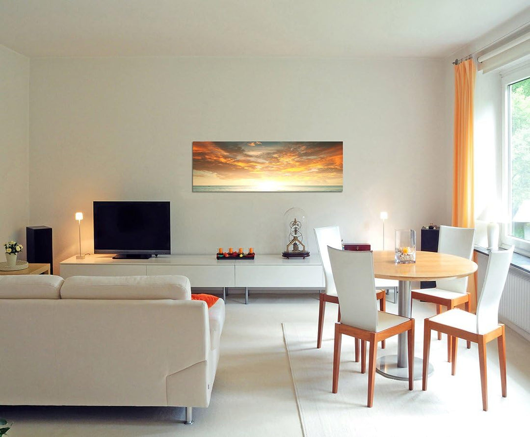 Paul Sinus Art Panoramabild auf Leinwand und Keilrahmen 120x40cm Strand Meer Sonnenuntergang Wolken