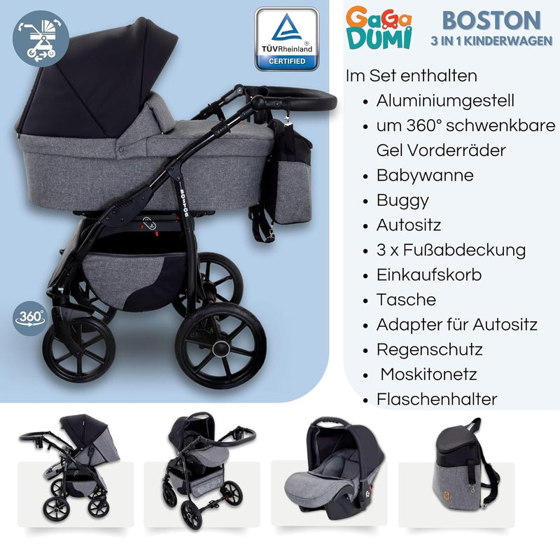 GaGaDumi Boston Kinderwagen 3 in 1 Komplettset mit Autositz - Kombikinderwagen mit grossen Rädern -