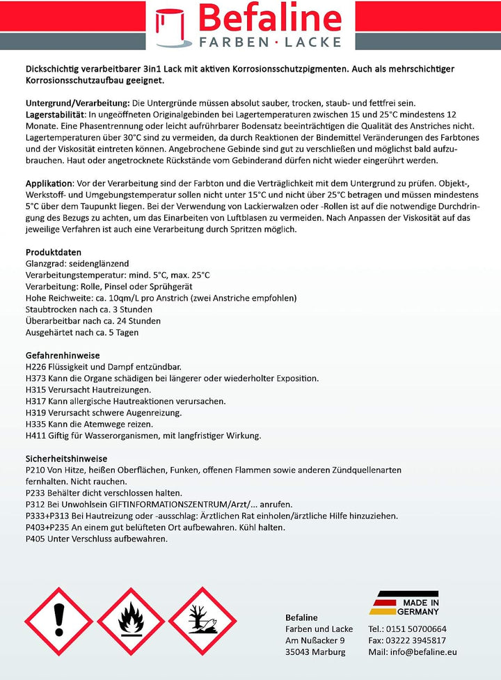 Befaline © Metallschutzlack 3 in 1 Metalllack 5l Platingrau, Metallfarbe, Metallschutzfarbe für Meta