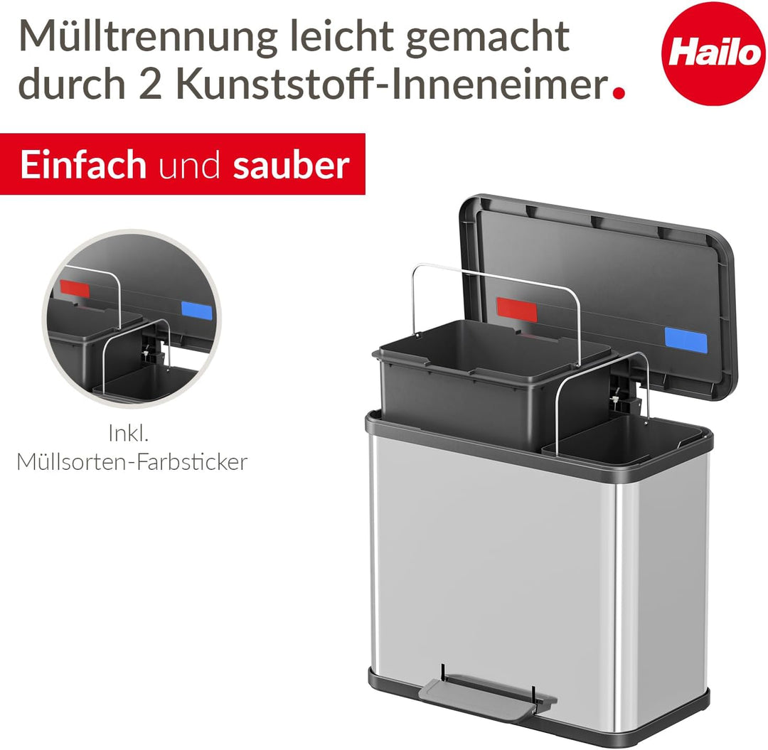 Hailo Öko duo Plus L | Mülltrenner 17 + 9 Liter | 26 Liter | Edelstahl | Soft Close Deckeldämpfung |