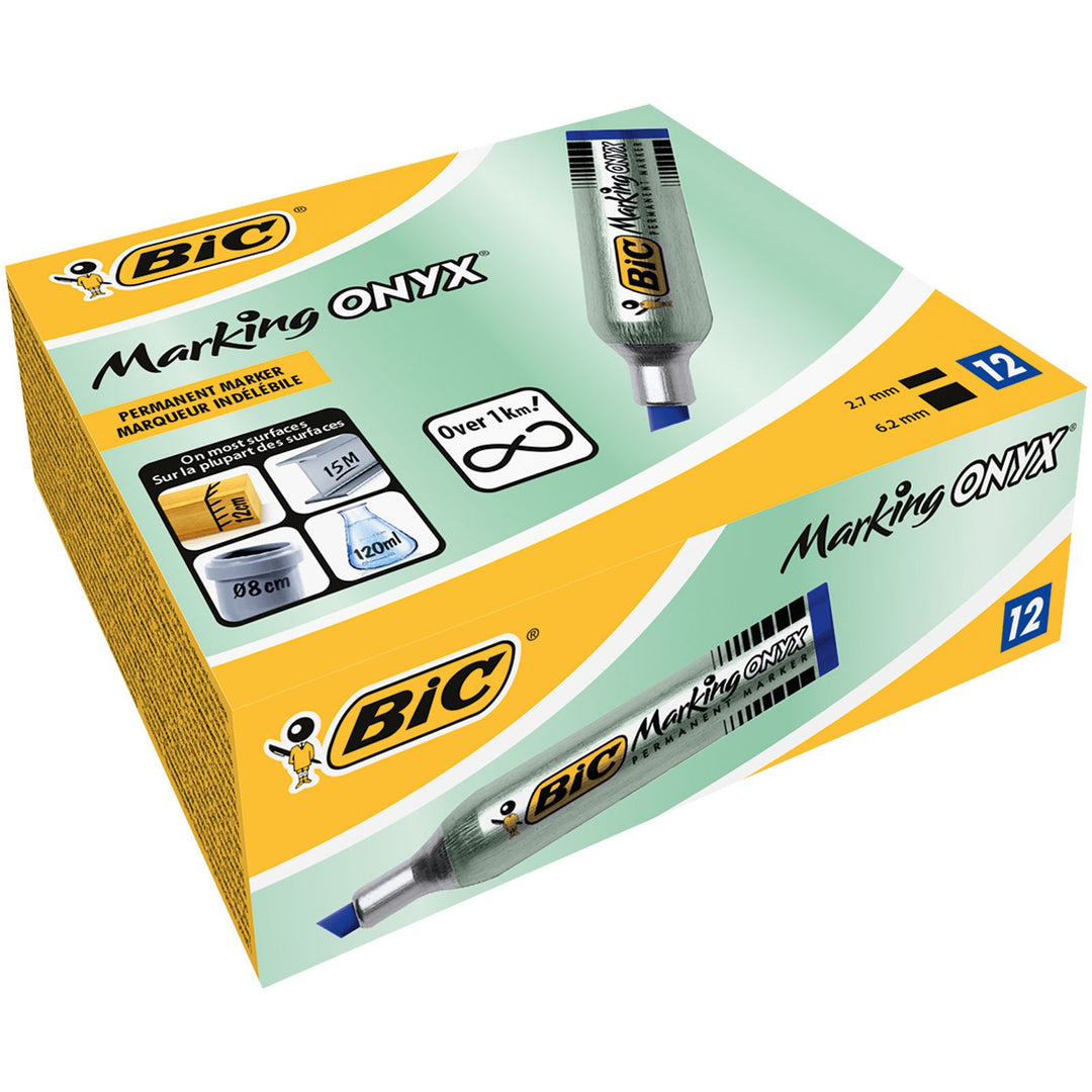 BIC Marking Onyx Permanent Marker, Wasserfester Stift, in Blau, 12er Pack, mit Keilspitze, Strichstä