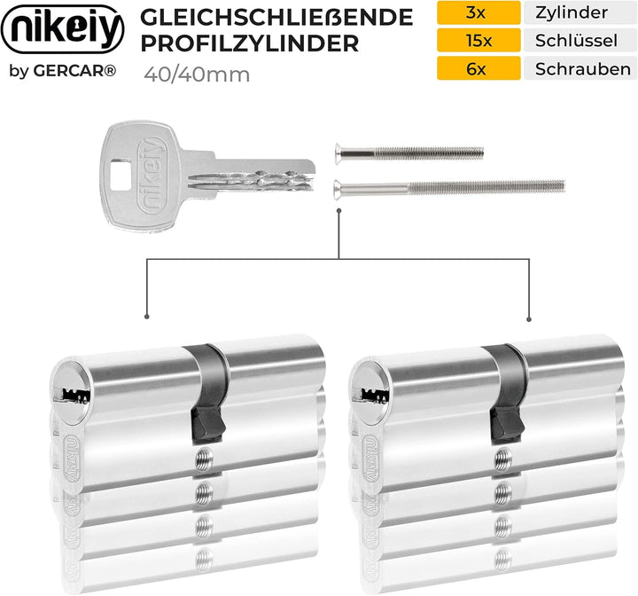 GERCAR 3x Schliesszylinder gleichschliessend 3 Profilzylinder 40/40 inkl. 15 Schlüssel - 80 mm - Dop