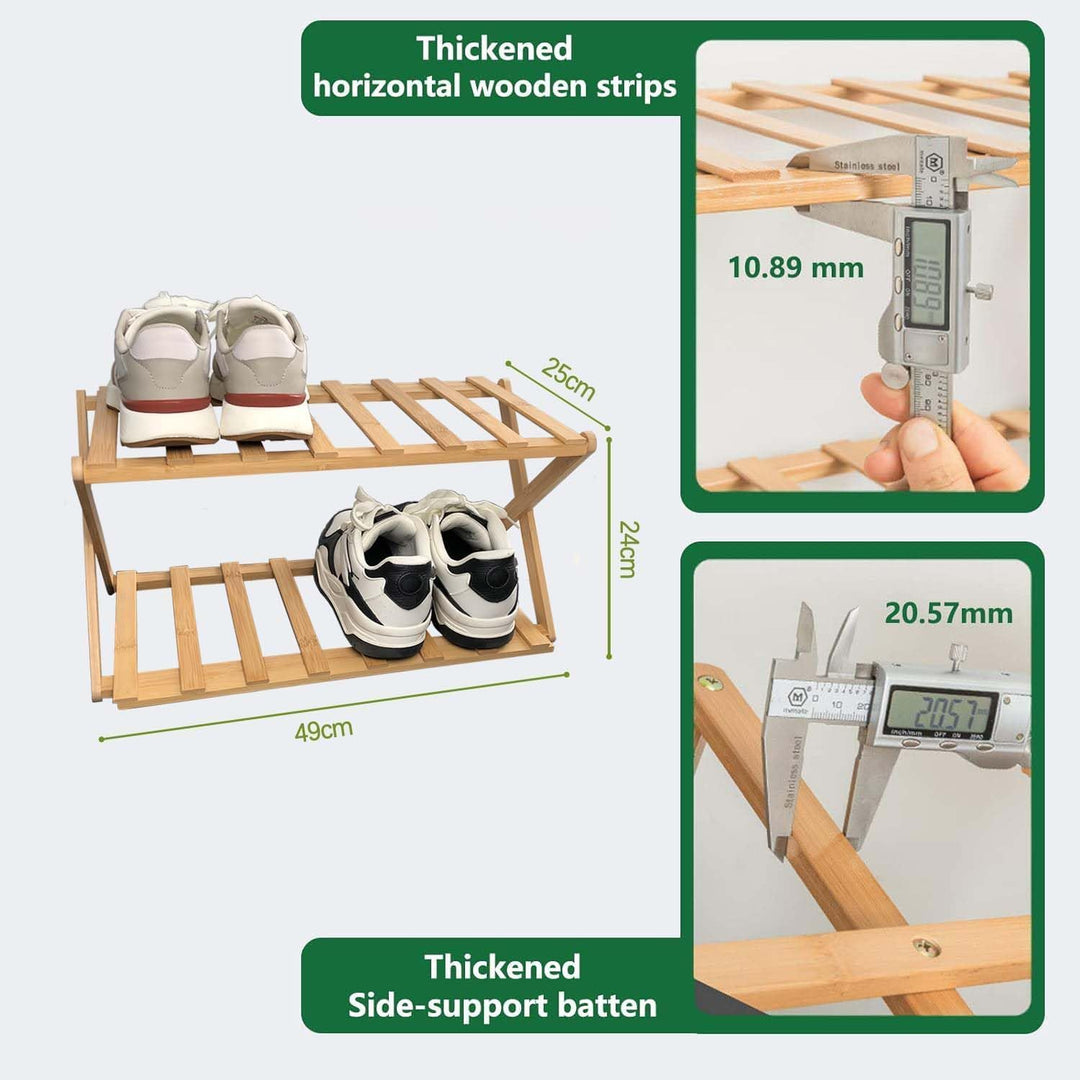 Schuhregal aus Bambus mit 2 Ebenen, tragbar, zusammenklappbar, ohne Installation, kleines Schuhregal