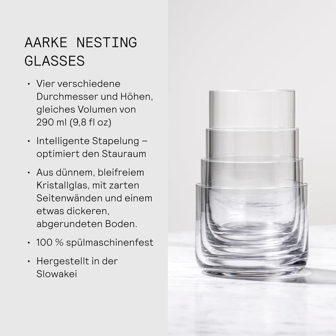 AARKE Nesting Glasses, Kristallglas 4 x 290 ml, Spülmaschinenfest Stapelbare Gläser, Stapelbare Gläs