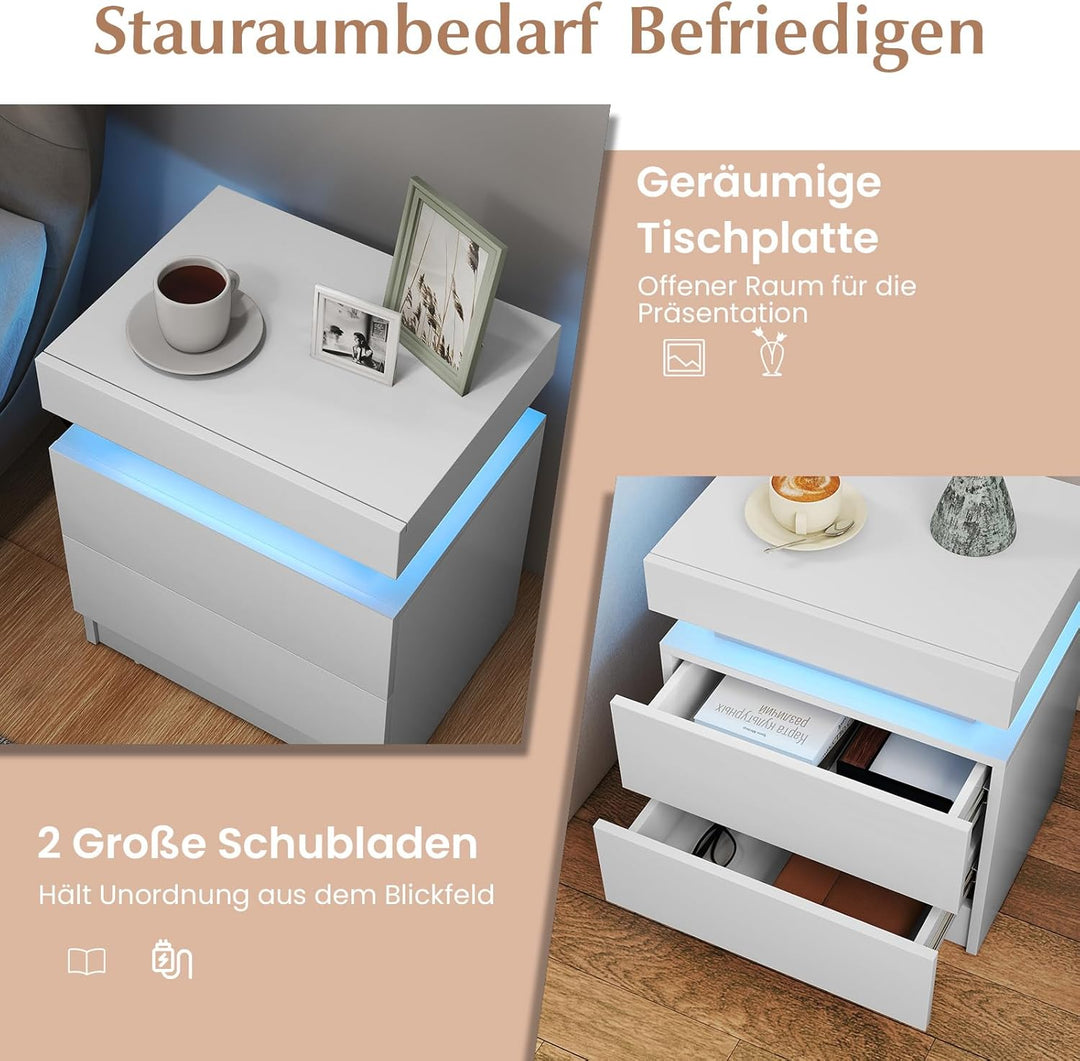 COSTWAY Nachttisch LED, Nachtschrank mit 2 Schubladen, Nachtkommode dynamisch & statisch beleuchtet,