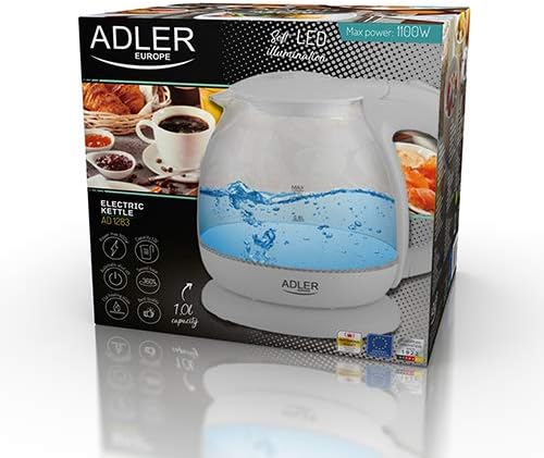 adler AD 1238 Elektrischer Wasserkocher aus Glas, klein, 1 l, 1100 W, LED-Beleuchtung, 1100 W, 1 Lit