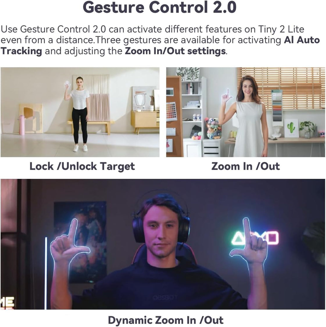 OBSBOT Tiny 2 Lite, PTZ 4K Webcam 1080P@60fps HDR, PC Kamera mit KI-Tracking, Mikros mit KI-Geräusch