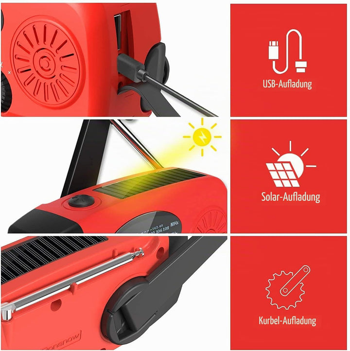 iRonsnow Notfall-Solarradio, Tragbare Kurbelradio mit LED-Taschenlampe, SOS-Alarm, AM/FM/WB Solar No