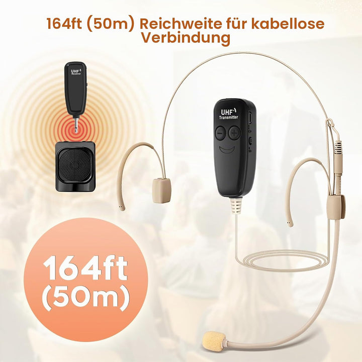 XIAOKOA Kabelloses Headset Mikrofon, UHF Hautton Drahtloses Mikrofon Lautsprechersystem, Beigefarben