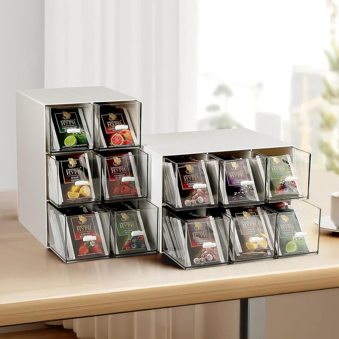 4 Stück Teebox Kunststoff mit 12 Schubladen 22,6x16,5x7,6cm Teebeutel Organizer Stapelbar, Tee Aufbe