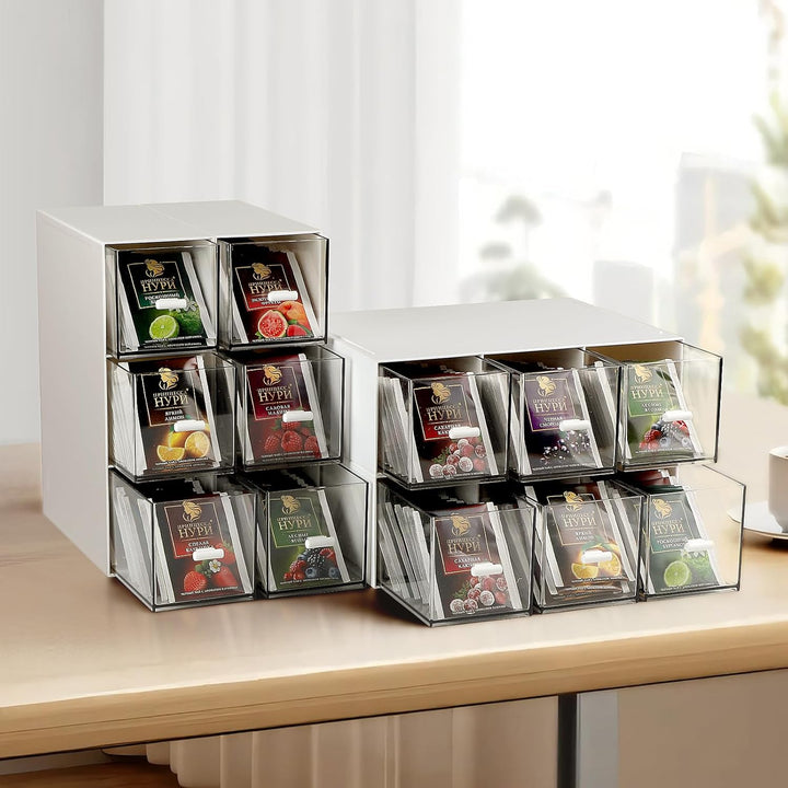 4 Stück Teebox Kunststoff mit 12 Schubladen 22,6x16,5x7,6cm Teebeutel Organizer Stapelbar, Tee Aufbe