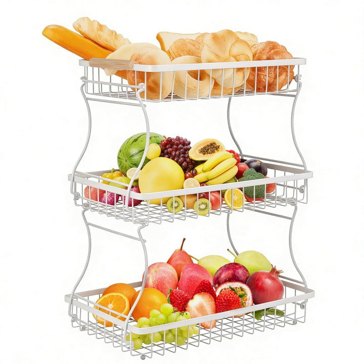 VINATO Obstschale, 3-stöckige Moderner Obstkorb mit Holzgriffen, für Küche, Bad & Mehr – Ideal für O