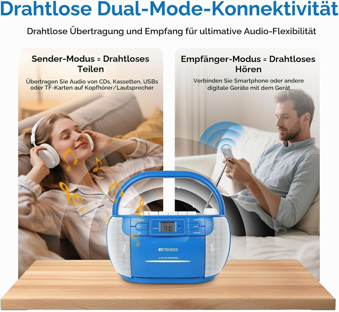 Retekess TR621P CD Player mit Kassette, Kassettenspieler, AM FM Radio, Drahtlose Verbindung, USB/TF/