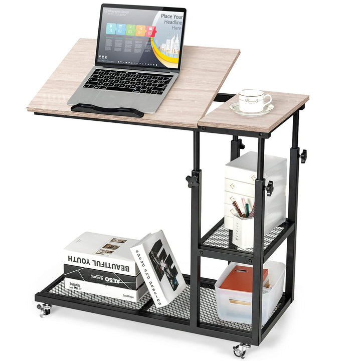 COSTWAY Laptoptisch mit höhen- und neigungsverstellbar, 3 Ebenen Beistelltisch, C-förmiger Sofatisch