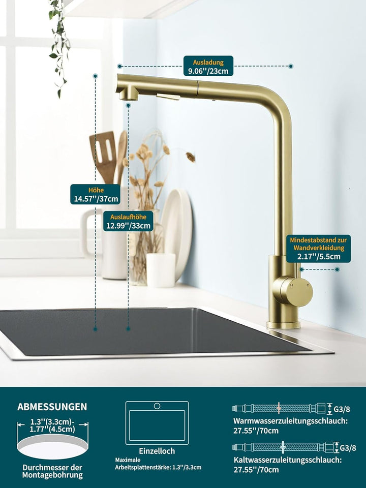Wasserhahn Küche, Ausziehbare Küchenarmatur mit Sprühbrause aus Edelstahl und 2 Sprühfunktionen, 360