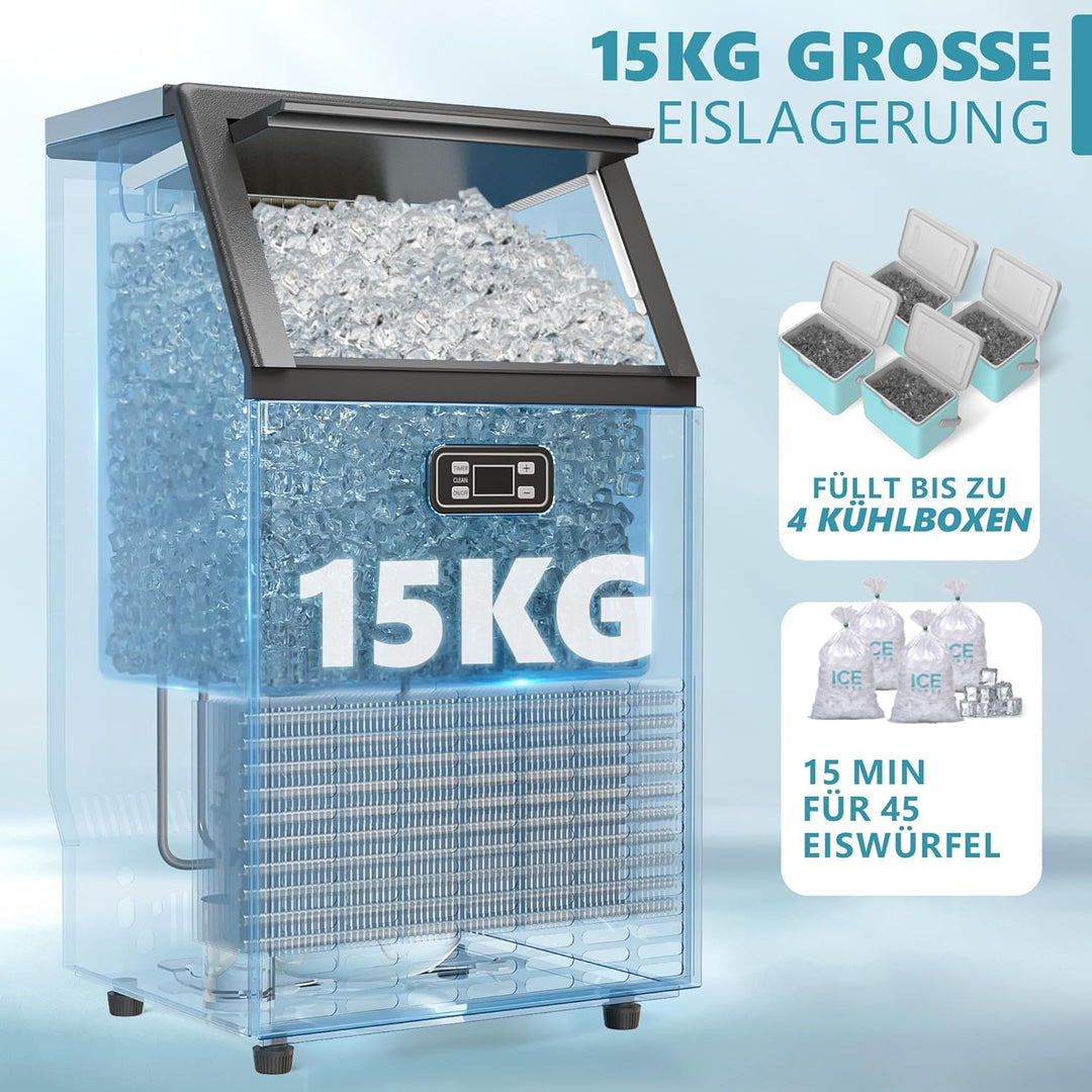 EUHOMY Gewerbliche Eiswürfelmaschine, 45 kg/24 Std. Edelstahl Untertisch-Eismaschine mit 15 kg Eisla