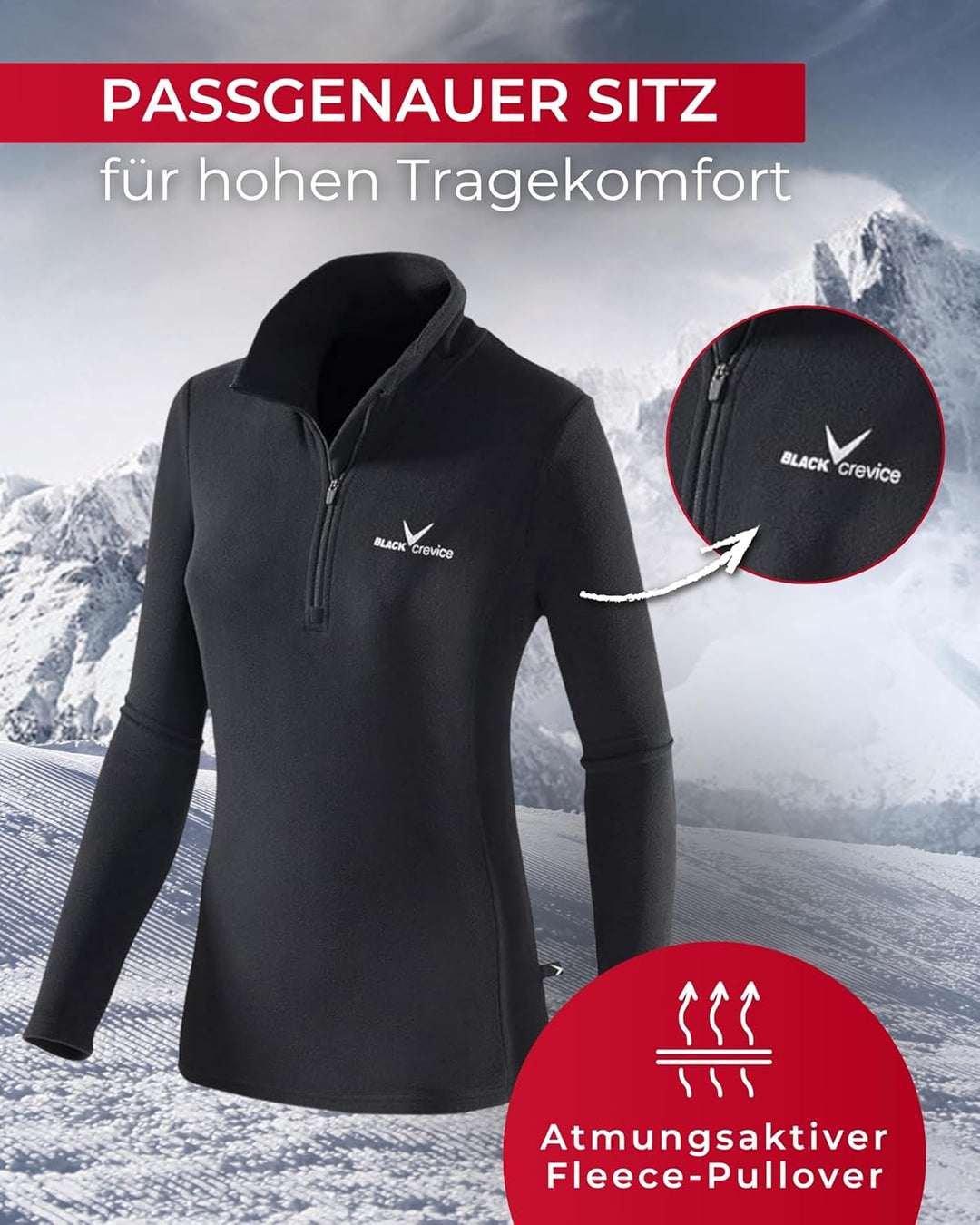 Black Crevice Damen Fleece-Skirolli I Ski-Pullover für Damen Grössen I Damen-Funktionsshirt I Damen